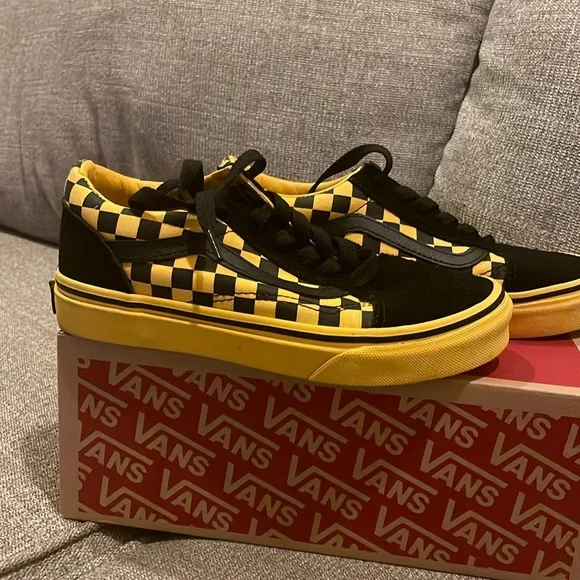 Sneaker Shoes Black And Yellow Checkered Slip On Vans Sneakers